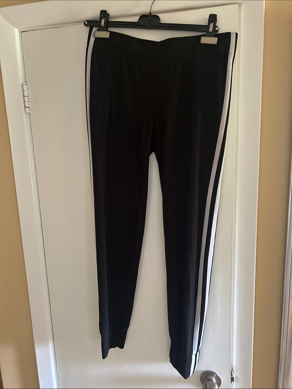 Norma Kamali Black Track Pants with White Side Stripes